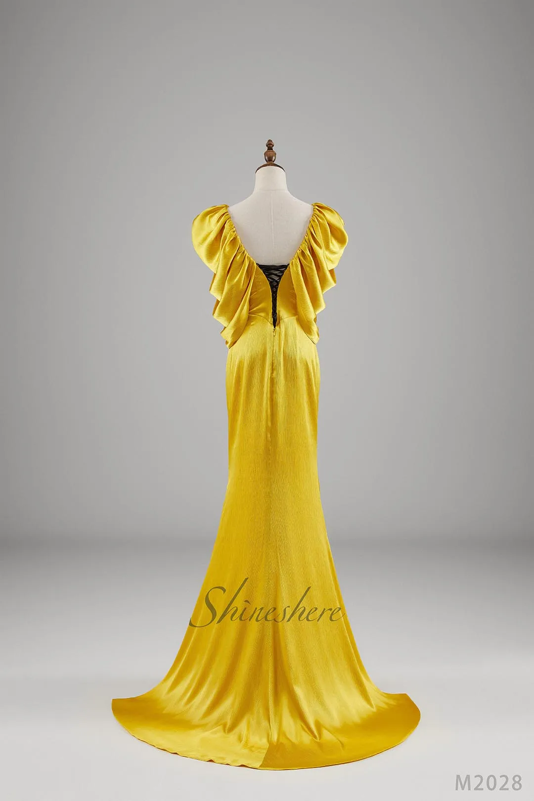 Jusere evening dress elegant party dress with puffy sleeves yellow evening gown with sweep train