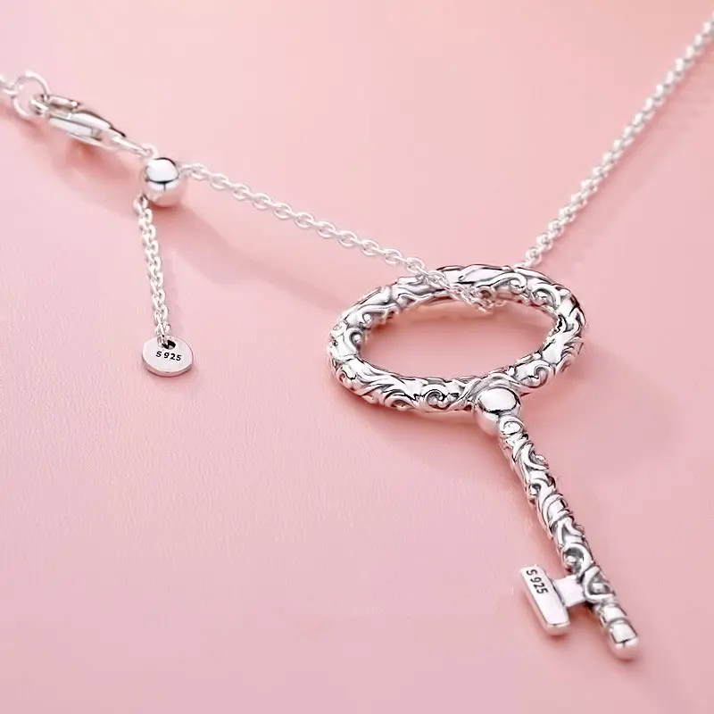 925 Sterling Silver Link Chain Regal Key Pendant Necklace Fit Woman European Pandora Style Jewelry