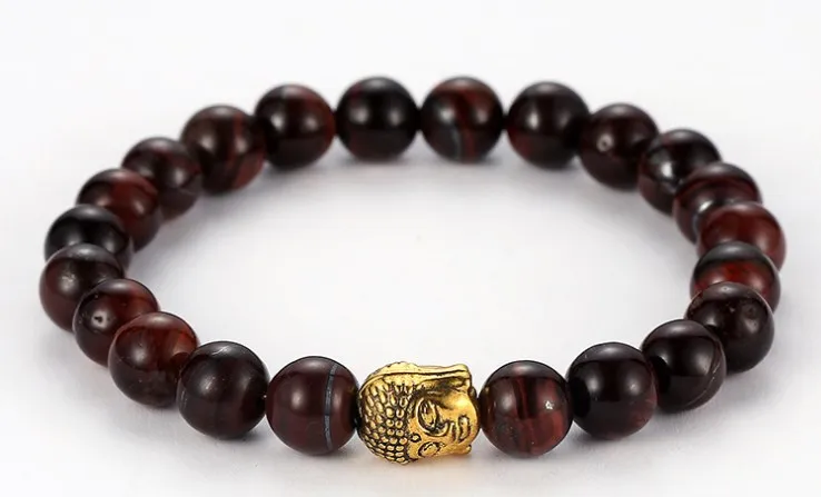 Pulsera de cabeza de león de Buda, Bola de oro y plata de 8mm ge2, piedra natural, rojo, chacra de Reiki, joyería de moda