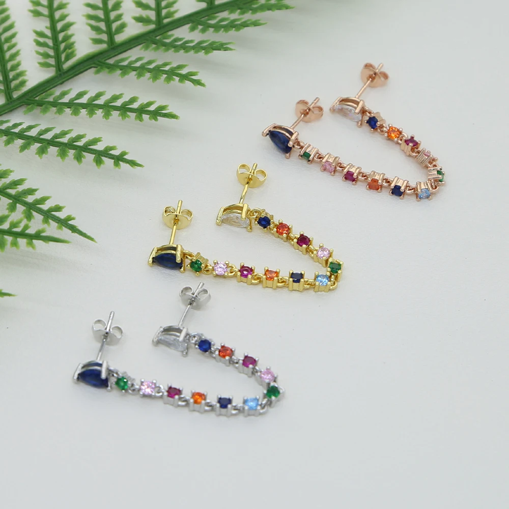 New Fashion Double Piercing 2 Hole Tassel Chain Rainbow Earring Prong Setting White Blue Water Drop Cz Colorful Tennis Jewelry