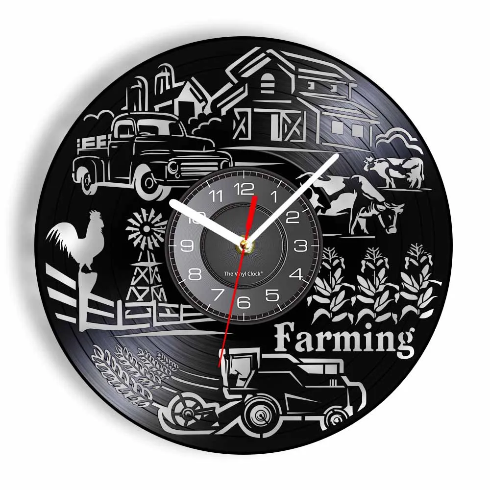 Countryside Barn Farmhouse Retro Vinyl Record Wall Clock Rural Landscape Farming Wall Art Vintage Album Wall Watch Farmer Gift