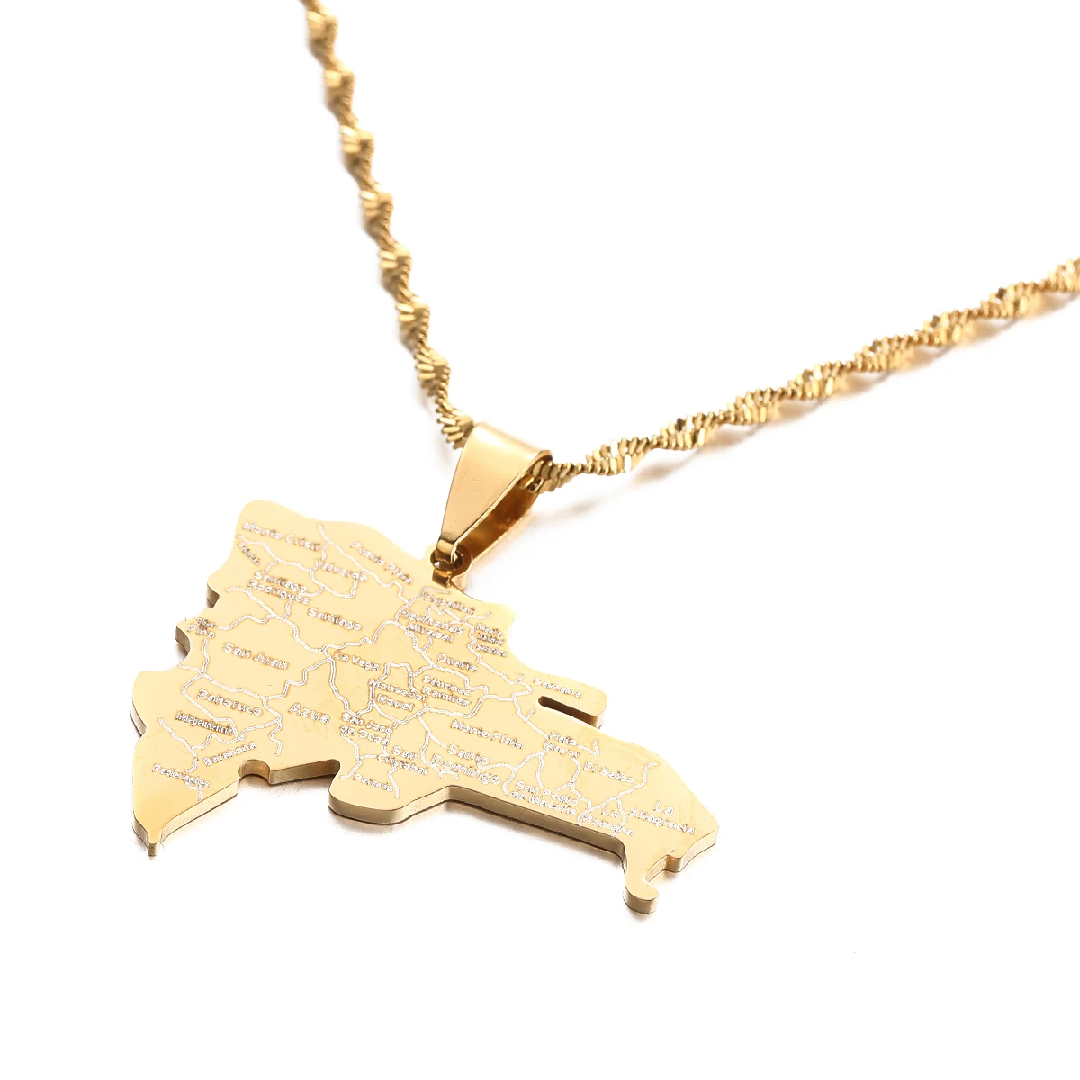 Stainless Steel Trendy Gold Cities Of Dominican Map Pendant Chain Necklaces Country Souvenirs Jewelry