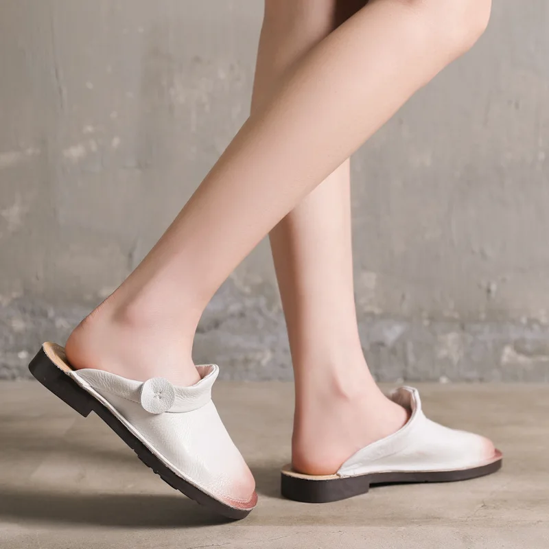 Women Leather Mules 2019 Spring Shoes Ladies White Slippers Genuine Leather Flat Heels Shoes Women Softe Bottom Handmade Mules