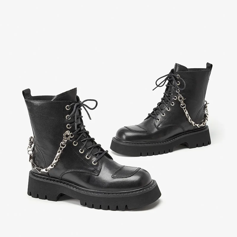 BeauToday Motorcycle Boots Platform Women Cow Leather Ankle Boots Metal Chain Decor Side Zipper Punk Ladies Shoes Handmade 03863