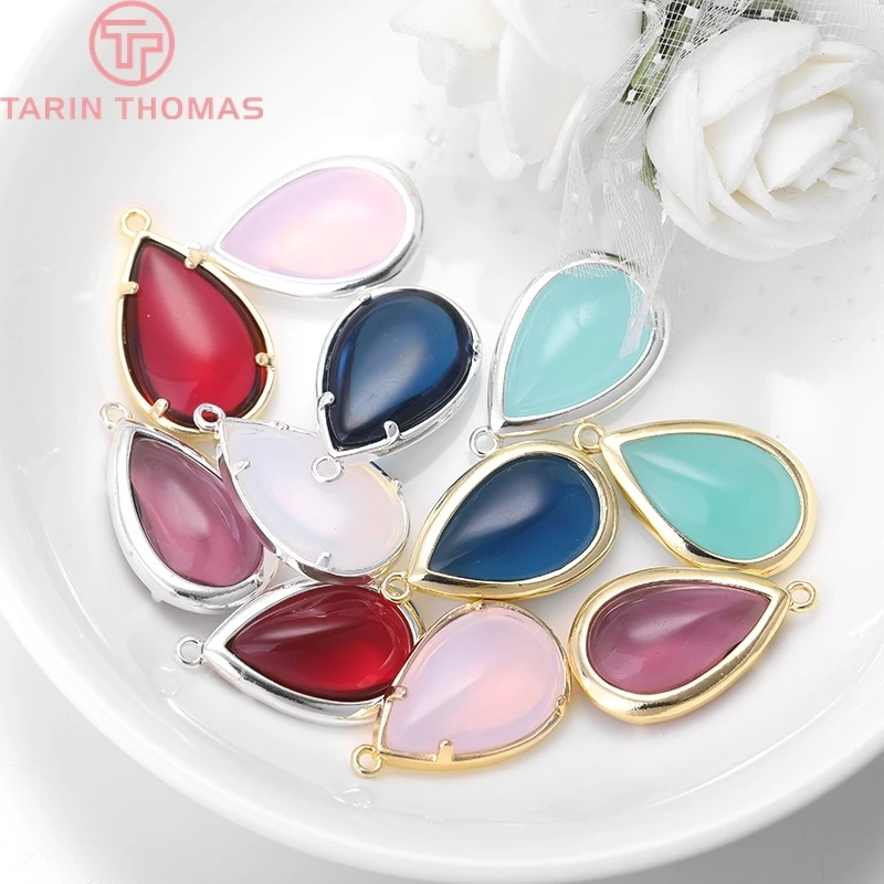 (293)4PCS 14x22MM 24K Gold Color or Silver Color Brass with Tear Drop Shape Colourful Glass Beads Charms Pendants