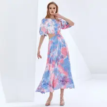 Summer Patchwork Dress Women Puff Sleeves High Waist #5