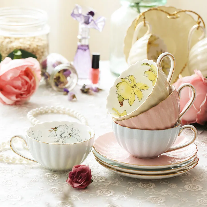 Pink Porcelain Coffee Cup and Saucer Set 200ML English Afternoon Tea Cup Set Breakfast Milk Cup Coffeeware Coffee Mug Ceramic