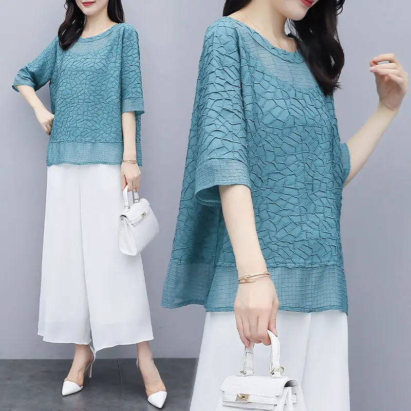 Spring Summer Cyan Brindle Elegant Blouses Shirts Loose Chiffon Blusas Tops O-Neck ​Solid Color Extra Large 5XLDM0063