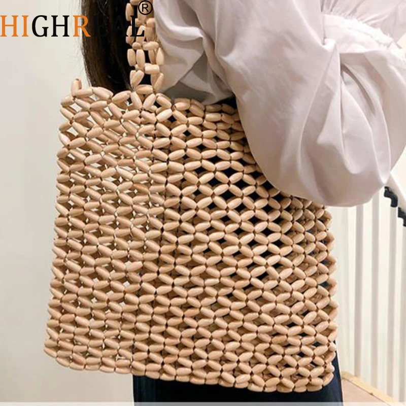 

HIGHREAL Acrylic Hand-woven Pearl Beading Bag Handmade Women Tote Handbag Beading Pochette Daily Party Purse Girls Bag