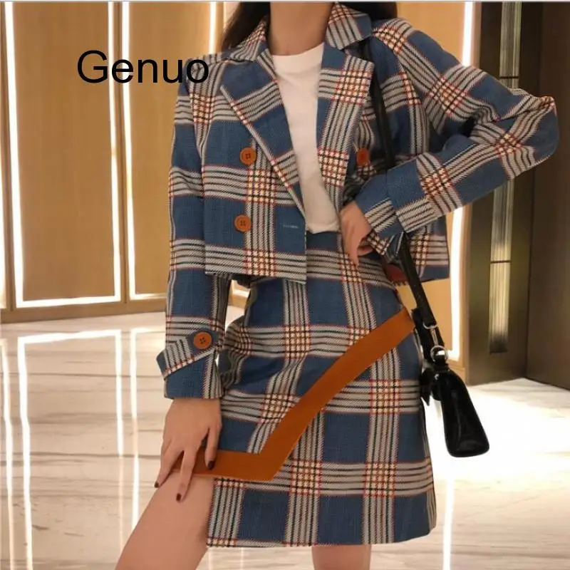 Retro Women 2 Pieces Set Plaid Blazer High Waist A Line Mini Short Skirts Long Sleeve Suits Double Row Button Lattice Sets Femme