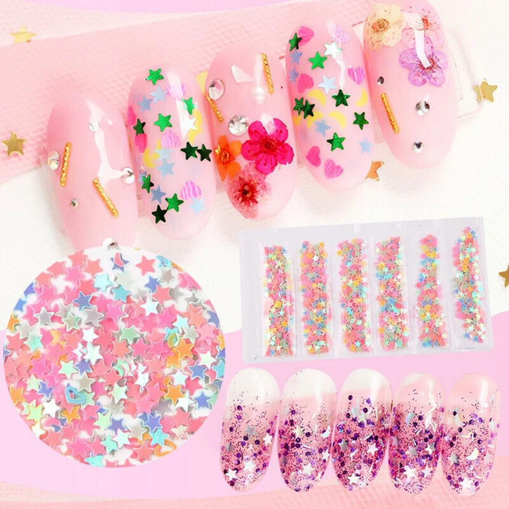 

1Bag/Set Heart Shape Nail Art Glitter Stars Shape Flakes 3D Multi-Colored Neon Sequins Polish Nails Decoration