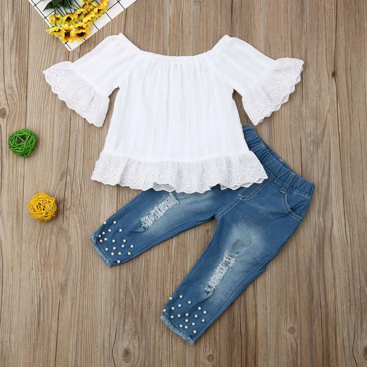 Toddler Children Kids Baby Girls Clothes Set White Tops T-shirt and Denim Long Pants Jeans Outfits Sets 1-6 Year