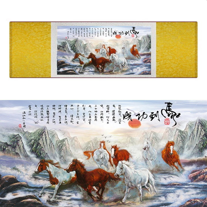 

top quality Chinese Horse silk painting Horse art painting Silk scroll art painting eight horse painting19062810