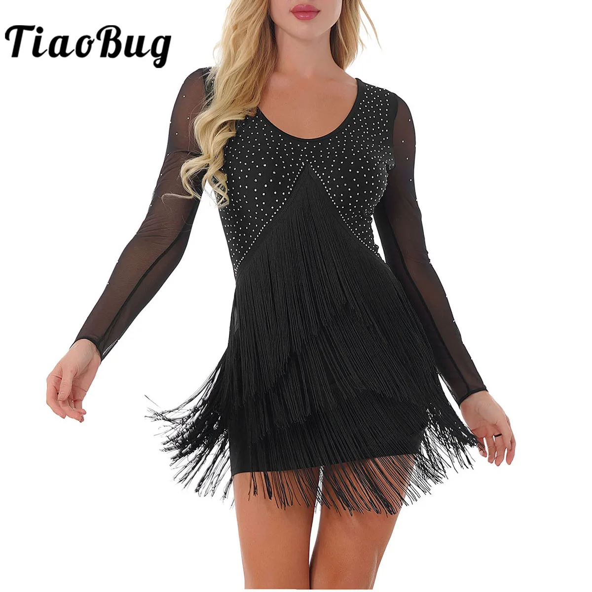 

Women Fringed Latin Jazz Dance Dress Sparkly Rhinestone Tassels Long Sleeves Competition Costume Tango Rumba Dance Clothing