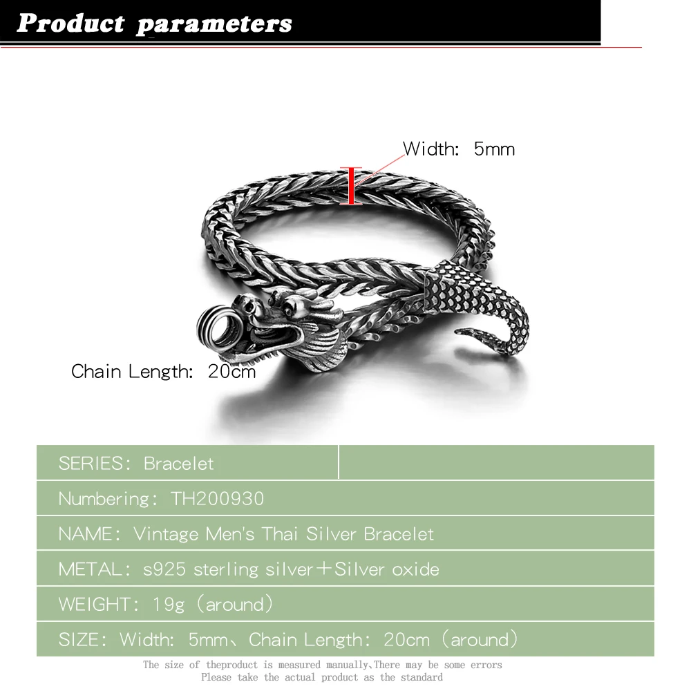 Men's 925 Thai Silver Chain Necklace Bracelet Ethnic Dragon Design Craft 925 Sterling Silver Popular Body Jewelry 18CM-23CM