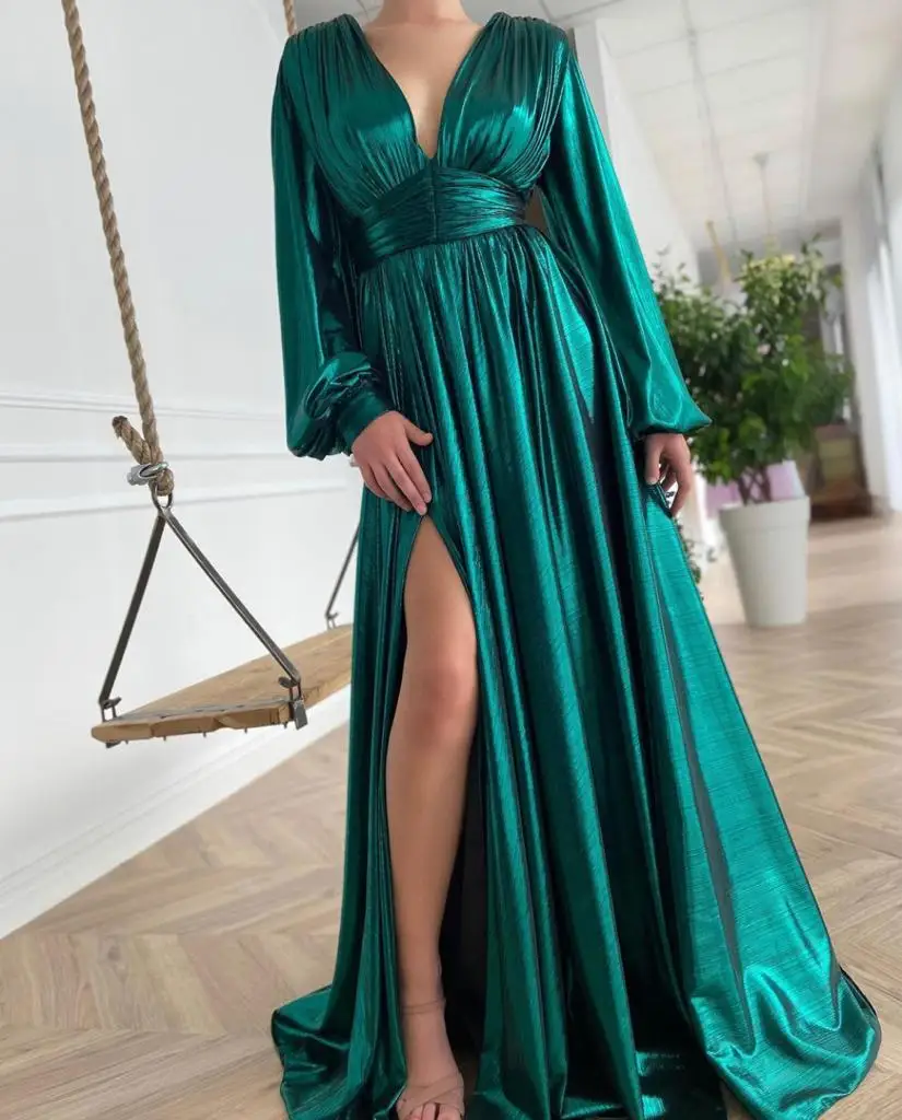 

Teal Moroccan Muslim Evening Dresses A-line V-neck Long Sleeves Slit Long Luxury Turkey Dubai Saudi Arabia Prom Dress Gown