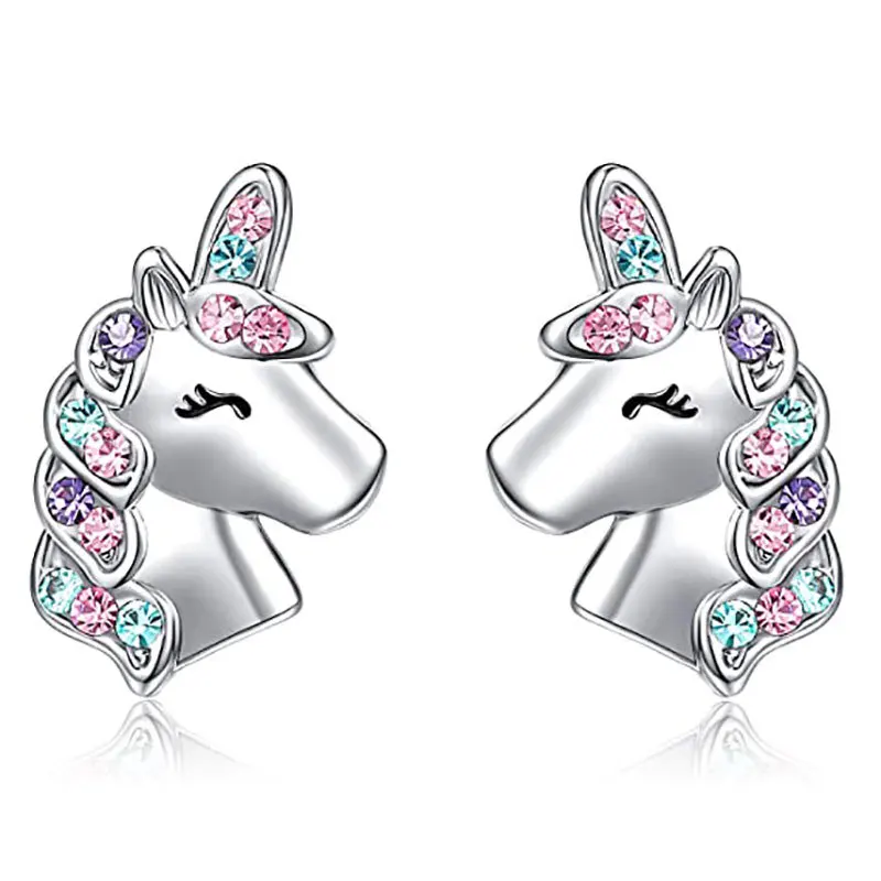 Pendientes de gato de dibujos animados para niños y niñas, aretes de cristal, unicornio, estrella, mariposa, arcoíris, corazón, circón, joyería para niños, regalos para amigos