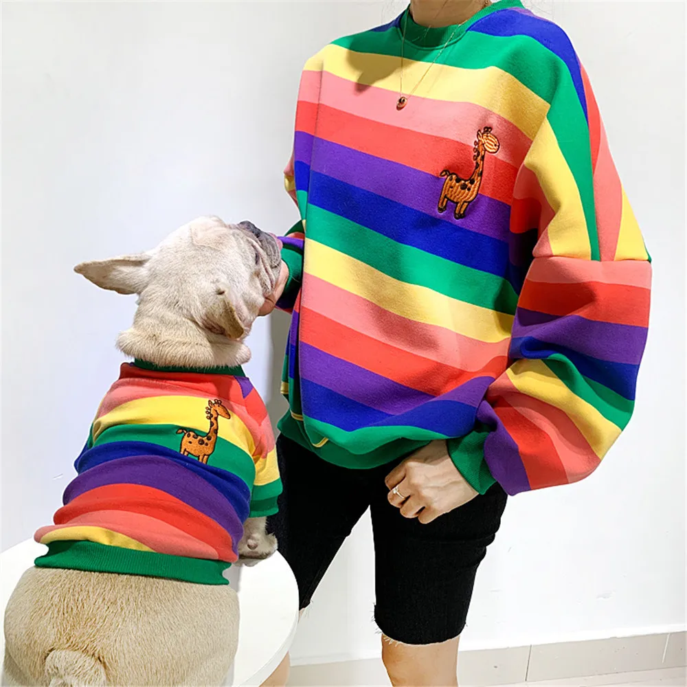 

Miflame Rainbow Stripes Small Dogs Sweatshirt French Bulldog Dog And Owner Matching Outfits Family Dog Clothes Pet Dog Hoodies