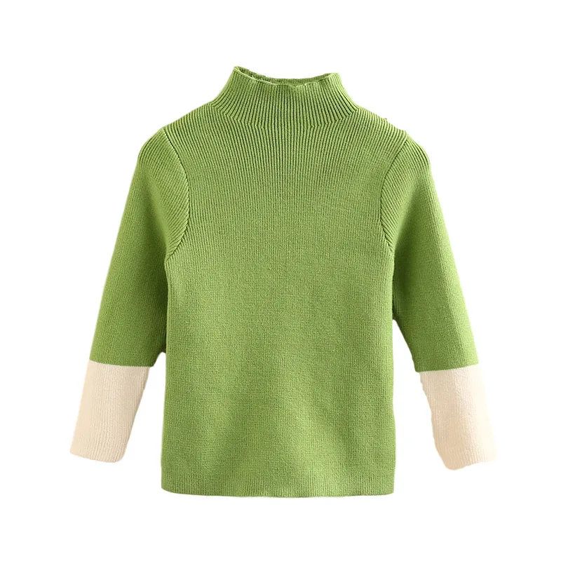 2024 Spring Autumn Winter New 2 3 4 6 8 10 Years High Neck Knitted Turtleneck Color Block Patchwork Sweater For Baby Kids Girls