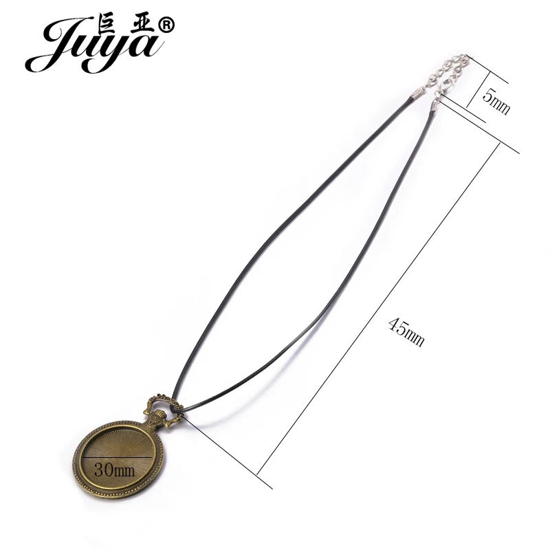 5pcs 30mm Carving Pattern Round Cabochon Base Cameo Blank 45cm Chains Black Leather Rope For Pendant Necklace DIY Jewelry Making
