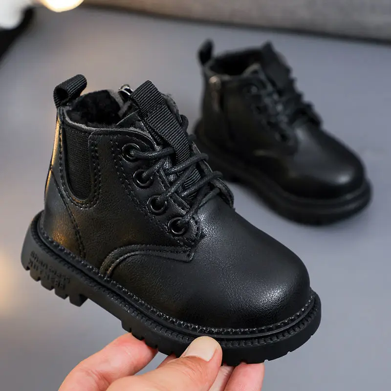 

All-match Anti-slippery Children Ankle Boot Leather Velvet Chelsea Boots for Boys Girls Warm Casual Leather Short Boots Lace-up