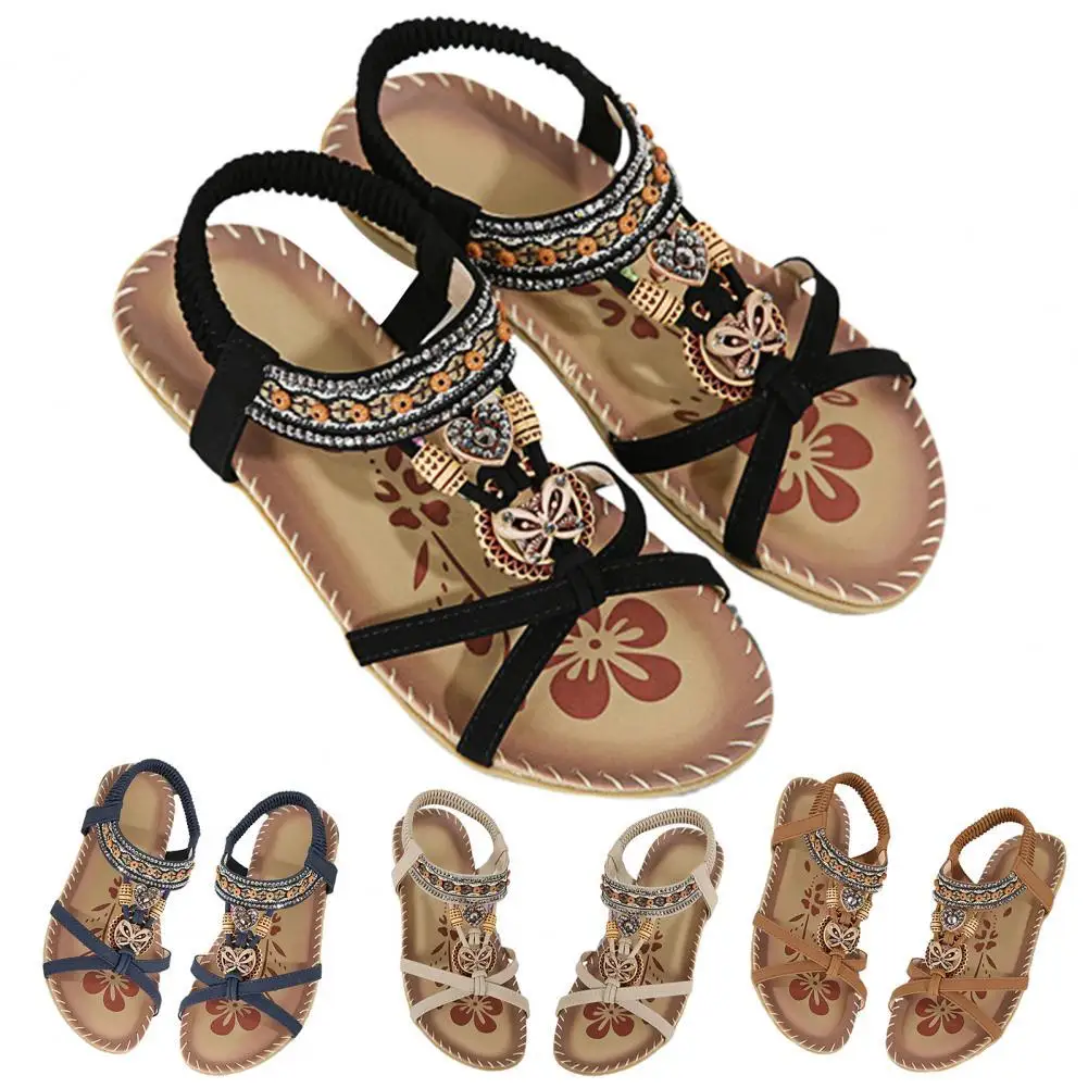 Flower Print Sandals Women 2021 Summer Shoes Elastic Band Woman Beach Shoes Ladies Open Toe Sandalias Mujer Female Flats Shoes