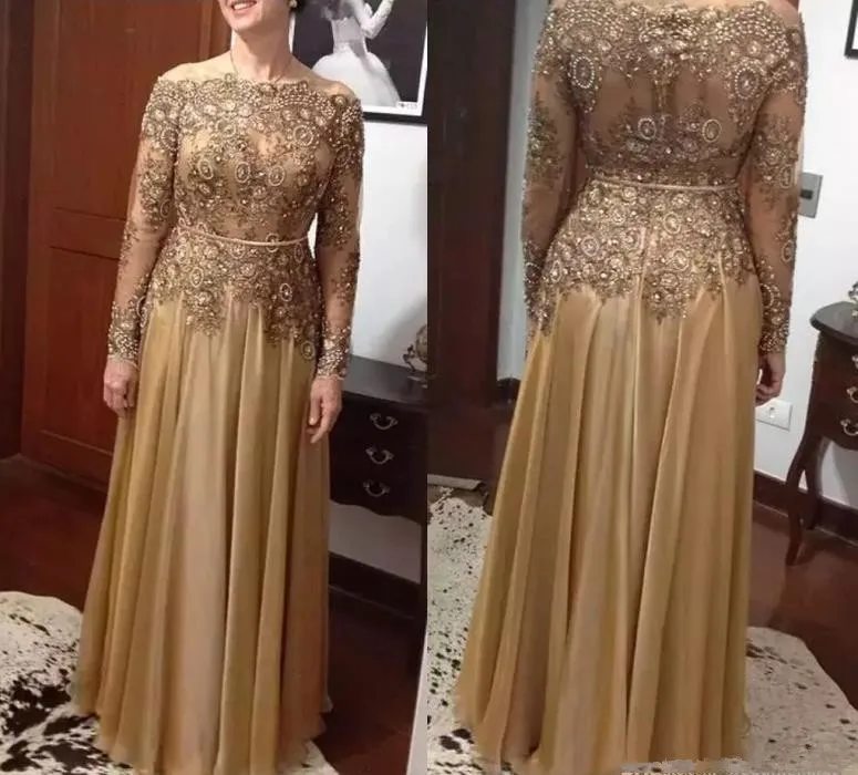 

Elegant Gold Lace Bead Mother of the Bride Dresses vestido de madrinha Chiffon Floor-length Mother's Dress Formal Evening gown