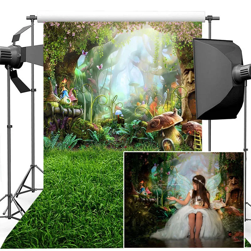 Fairy Forest Backdrop Pink Flower Tree House Mushroom Photography Background Wonderland Jungle Photography Backdrops