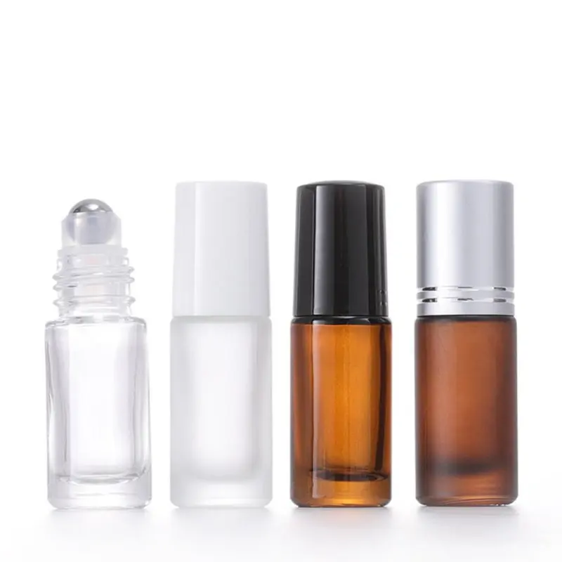 100pcs 5ml Clear Frosted Amber Perfume Glass Roll on Bottle with Metal Ball Essential Oil Vials