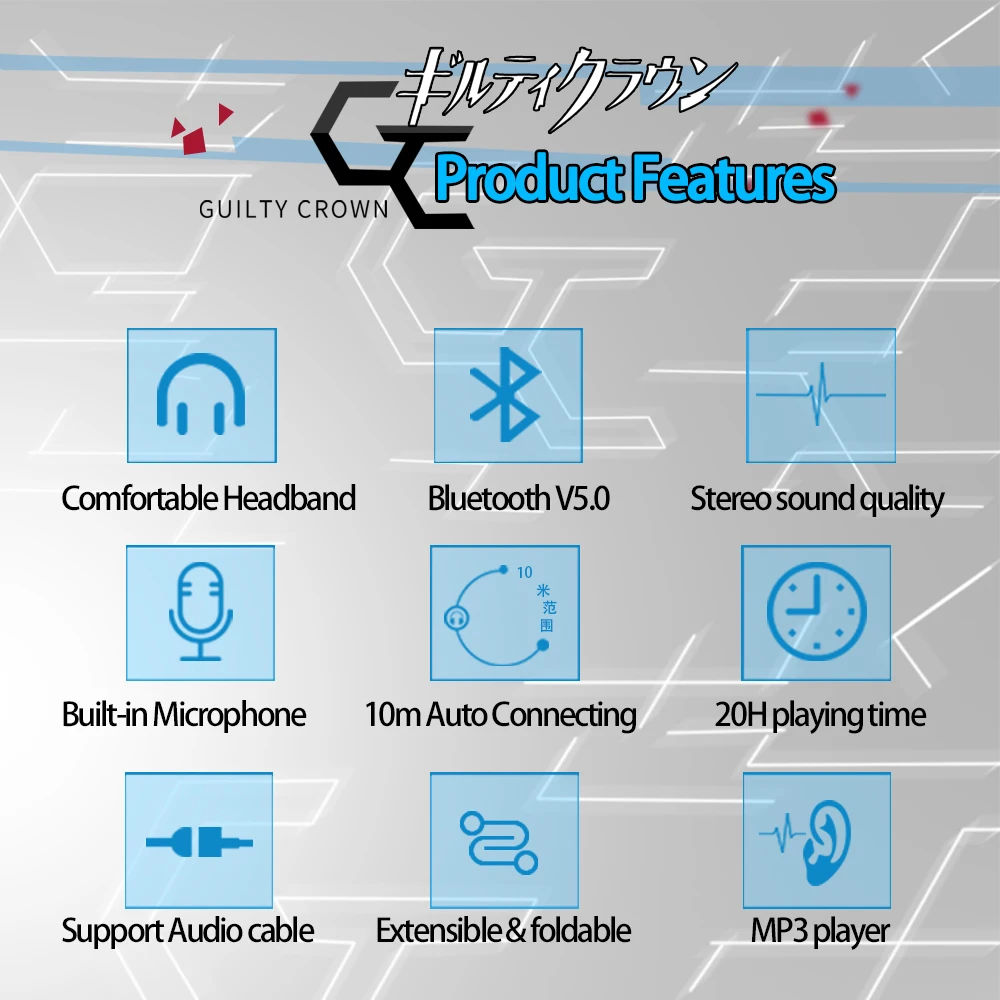 Anime Guilty Crown Yuzuriha Inori Cosplay puntelli cuffie Wireless pieghevoli auricolare pieghevole Stereo Bluetooth auricolare regolabile