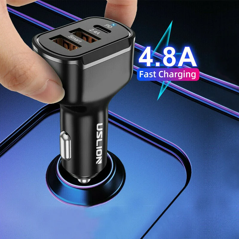 Dual USB PD Type-C Car Charger 2.4A 30W Fast Charge Adapter Black Interior Parts Universal Car Products Phone Accessories