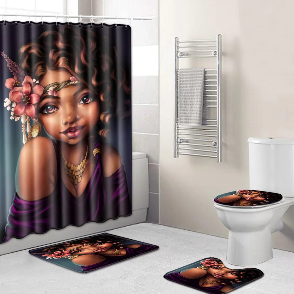 WUJIE Shower Curtain Set Toilet Cover 4PCS Bathroom Sets Anti-slip Bath Rug Africa Women Pattern Waterproof Mat Anti-Static Rugs