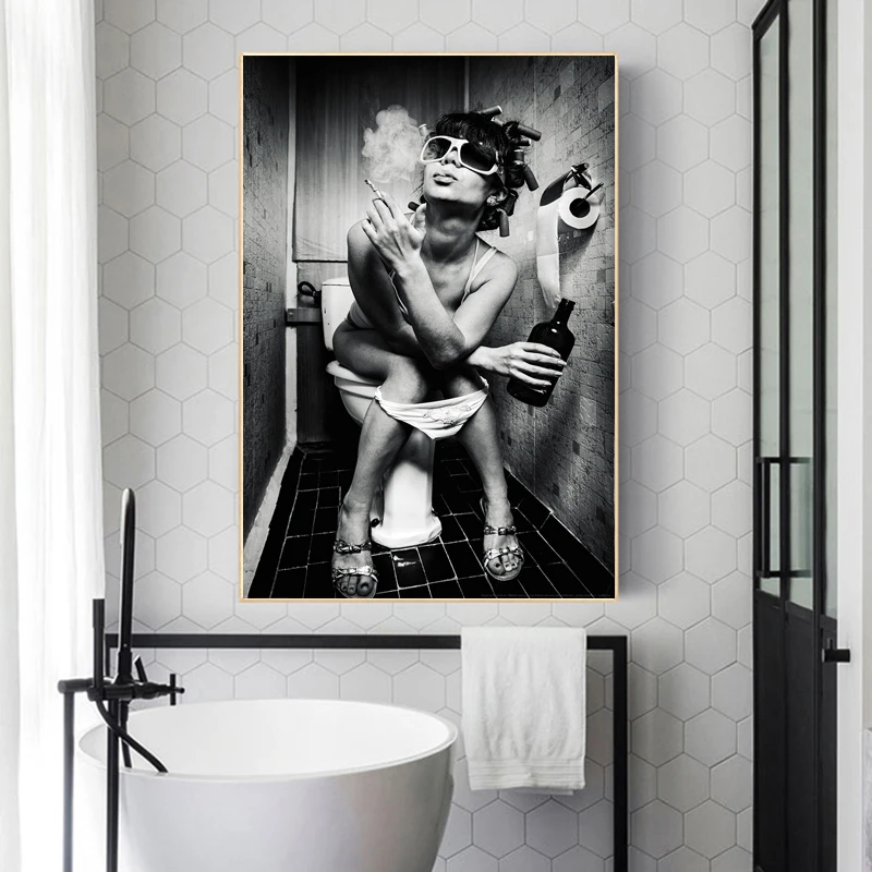 Sexy Woman Drinking Smoking Posters Canvas Prints Portrait Painting Modern Fashion Art Toilet Decor Wall Decor for Bathroom