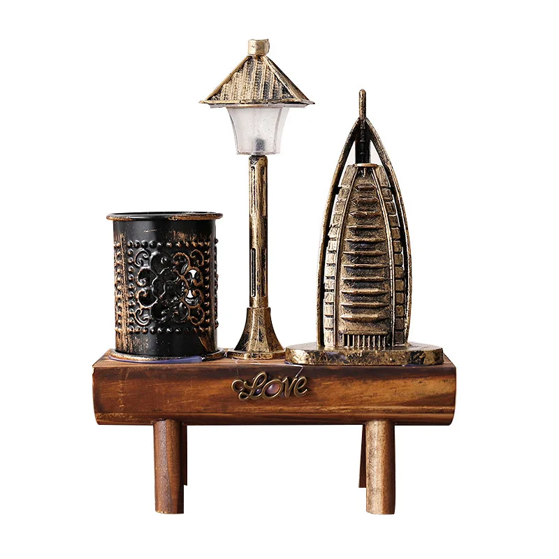 

Vintage Artcrafts Building Model Figurines For Home Decoration Accessories Wooden Bench Night Light Ornaments Pen Holder Crafts