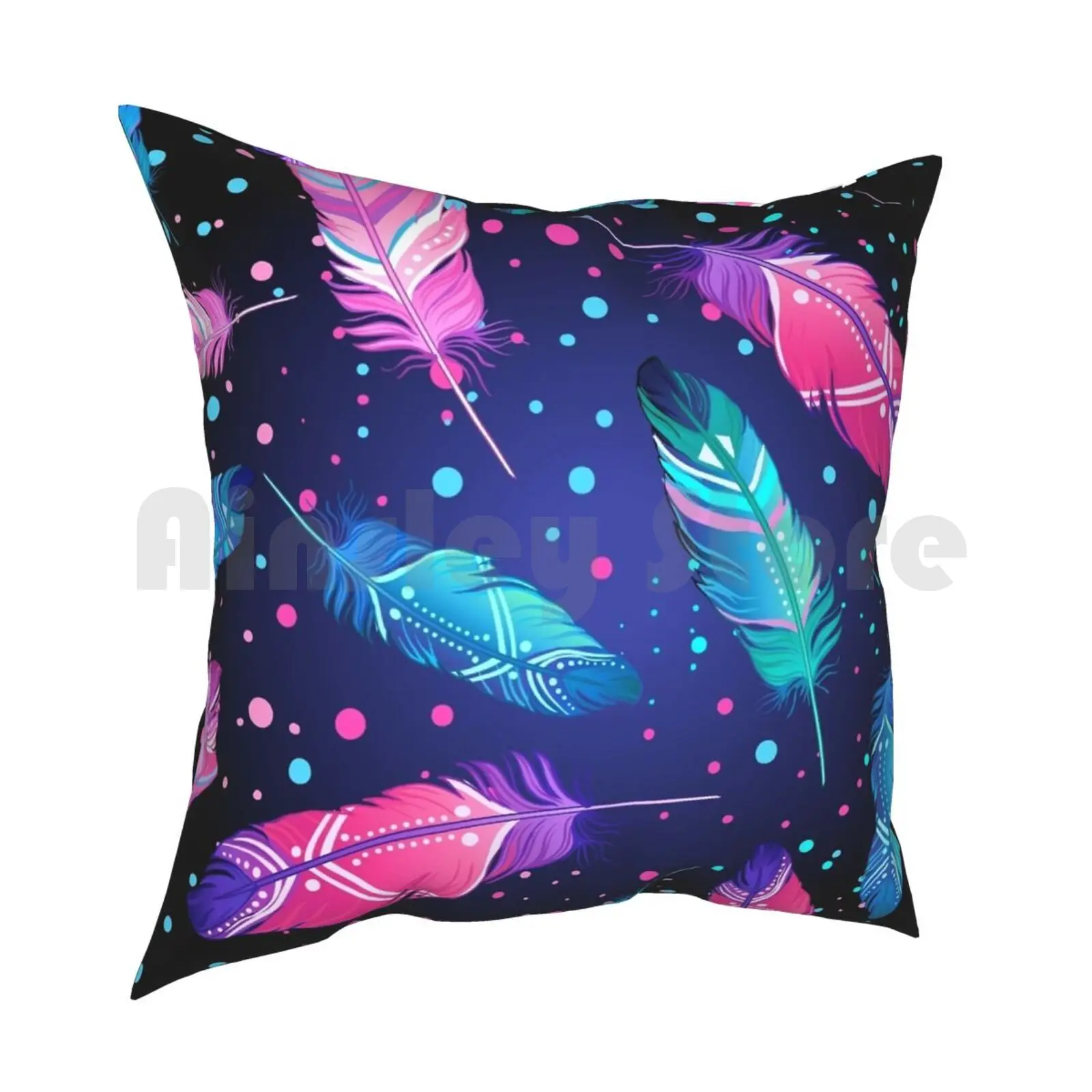 Featrers On Black Pillow Case Printed Home Soft DIY Pillow cover Natural Bird Native Tribal Tattoo Shaman Vector Magic