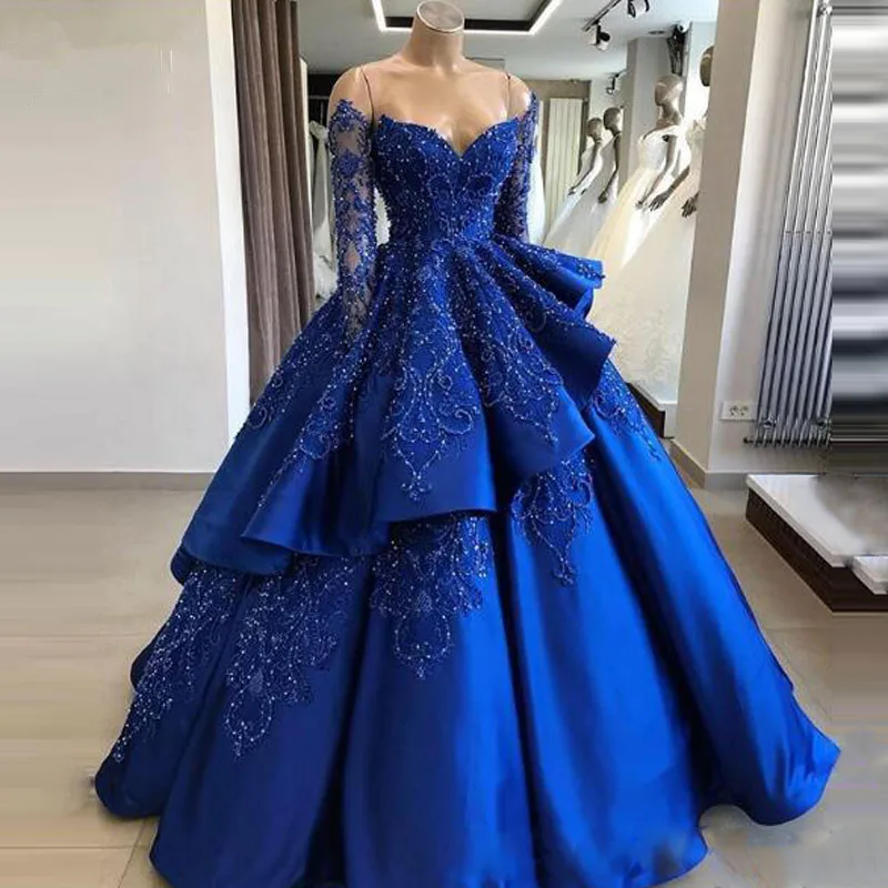royal blue evening dresses with sleeves Royal Blue Tulle Prom Dresses Long Sleeves Appliques  Lisposa