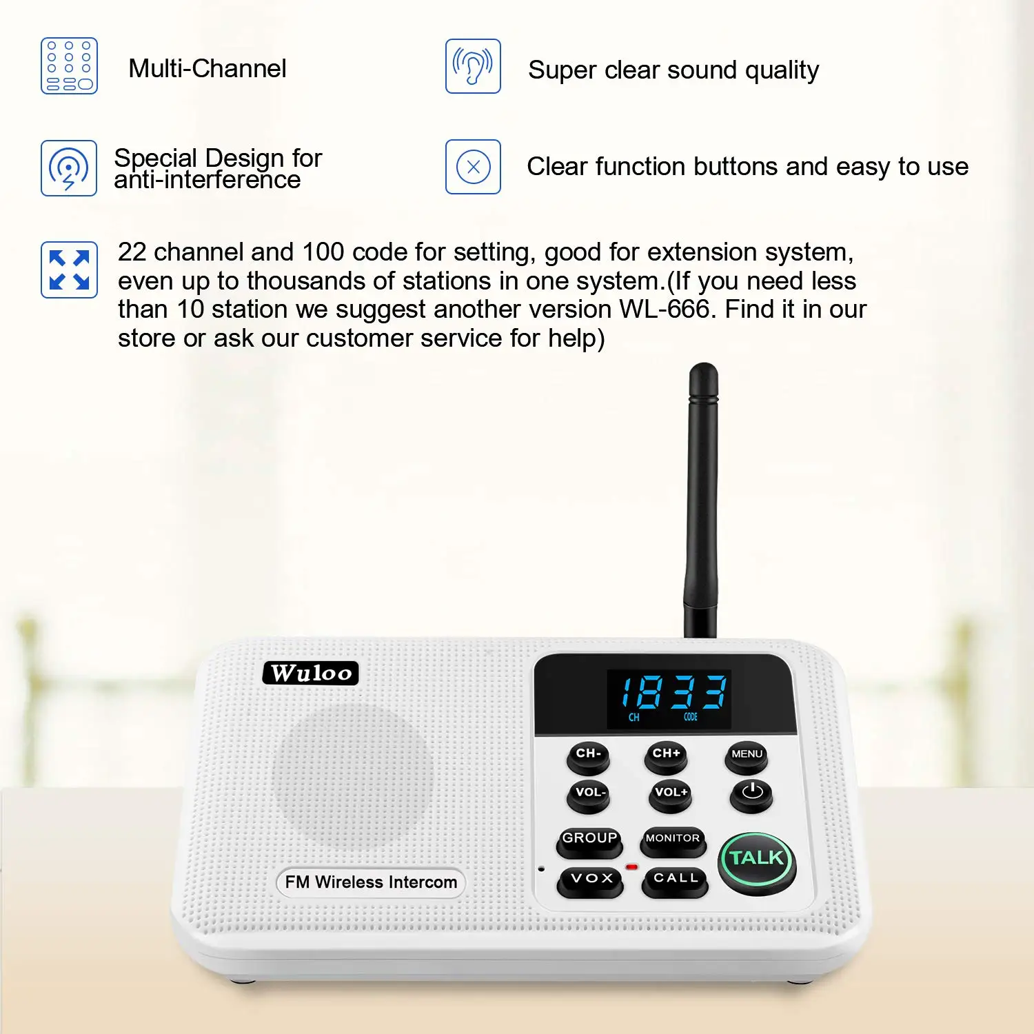 Wuloo Wireless Home Intercom System for House Business Offices Communication 1 Mile 22 Channel 100 Digital Code Display Screen