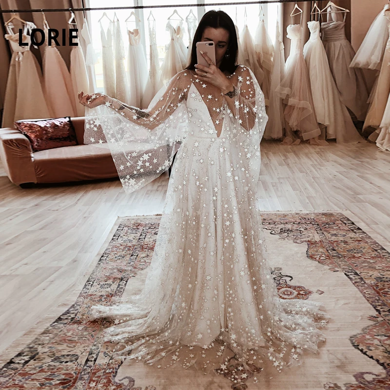 Lorie glitzernden Stern eine Linie Brautkleider tiefen V-Ausschnitt Brautkleider Strand Boho Brautkleider neue Hochzeits kleider