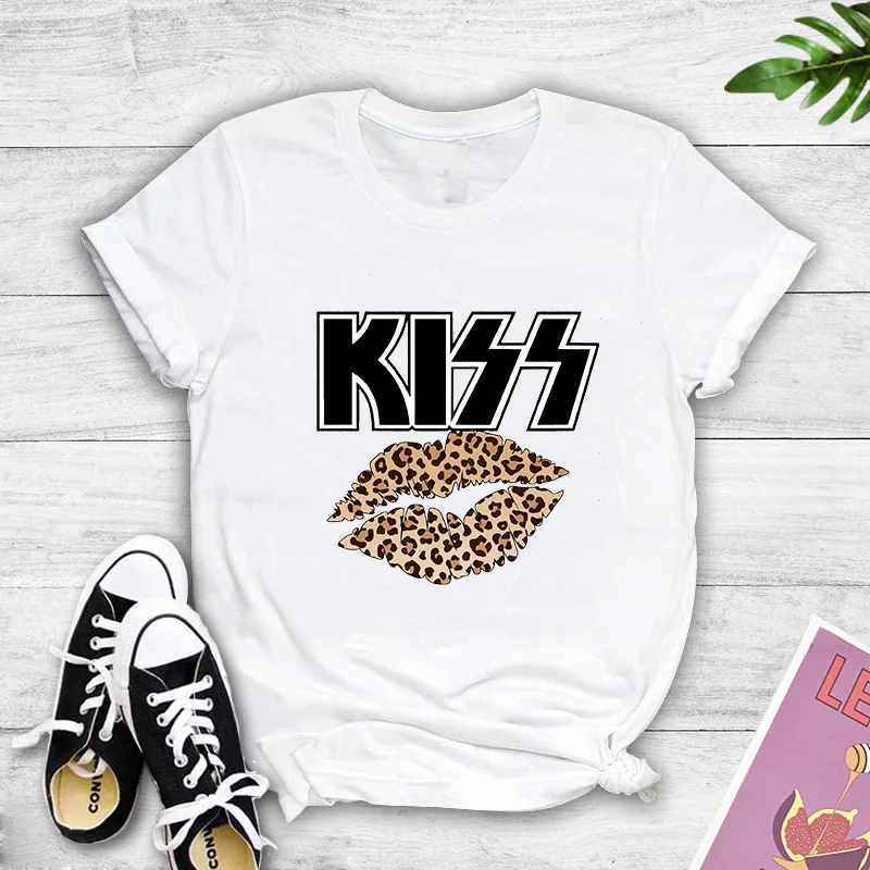 kiss leopard print color big mouth interesting pattern printing casual100%pure cotton short-sleeved t-shirt blouse t-shirt women