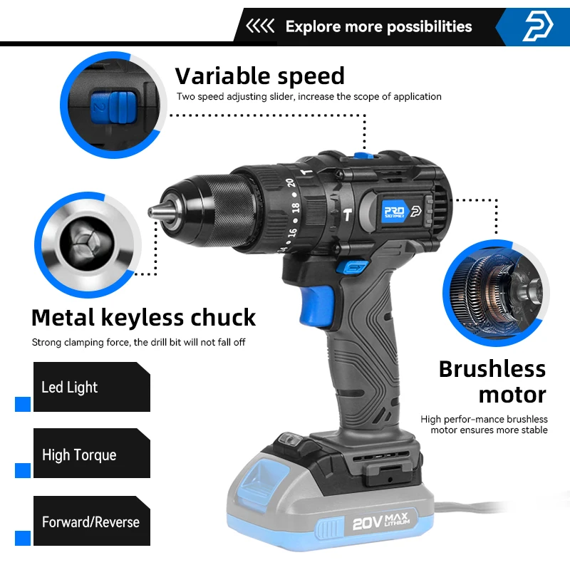 20V Brushless Hammer Drill 60NM Impact Electric Screwdriver Steel/Wood/Masonry Tool Bare Power Tool By PROSTORMER