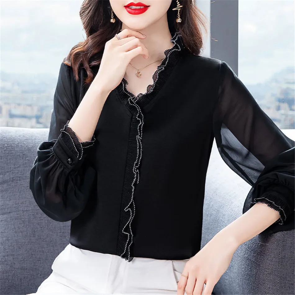 

Spring Autumn Women Chiffon Elegant Shirits Blouses Long Sleeve V-Neck Casual Ladies Fashion Temerament Solid Tops Blusas MM1465