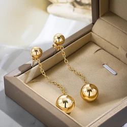 Punk Gold Color Metal Round Ball Long Chain Dangle Earrings for Women Double Ball Hanging Drop Earrings Fashion Party Jewelry