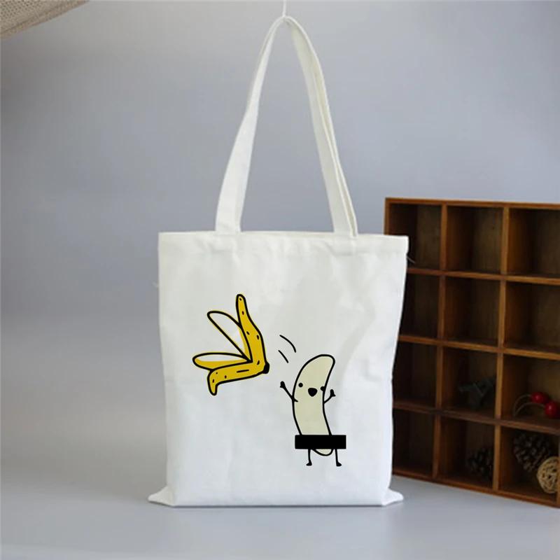 

Banana Cartoon Printed Canvas Bags Reusable Long Tough Handles Shopping Shopper Tote Bag Birthday Gift Recycle Bag Eco Handbag