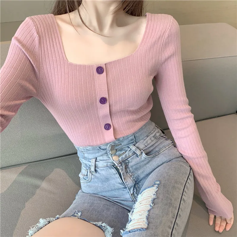 Office Ladies Sweater Kintting Solid Color Square Neck Short Regular Long-sleeved Button Soft Cotton Pullover Cute Shirt Tops