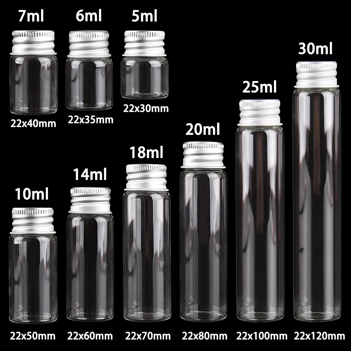 10 pieces 5ml/6ml/7ml/10ml/14ml/18ml/20ml/25ml/30ml Glass Bottles with Aluminium Lids Small Mini Glass Jars 9 Sizes U-pick