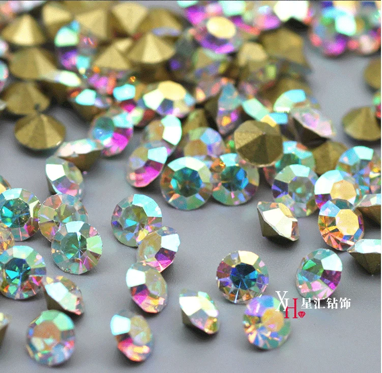 AllSize SS1-47 AB Czech Crystal Nail Art Rhinestone Cone Transparent Round Pointed Foiled Back Glass Strass Stone jewelry making