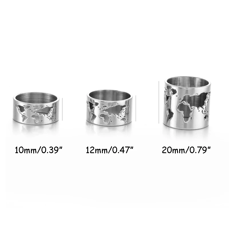 Steel World Map Cut-out Chunky Boho Finger Ring for Men Mirror Surface Stainless Spinner Ring Travel Peace Party Jewelry