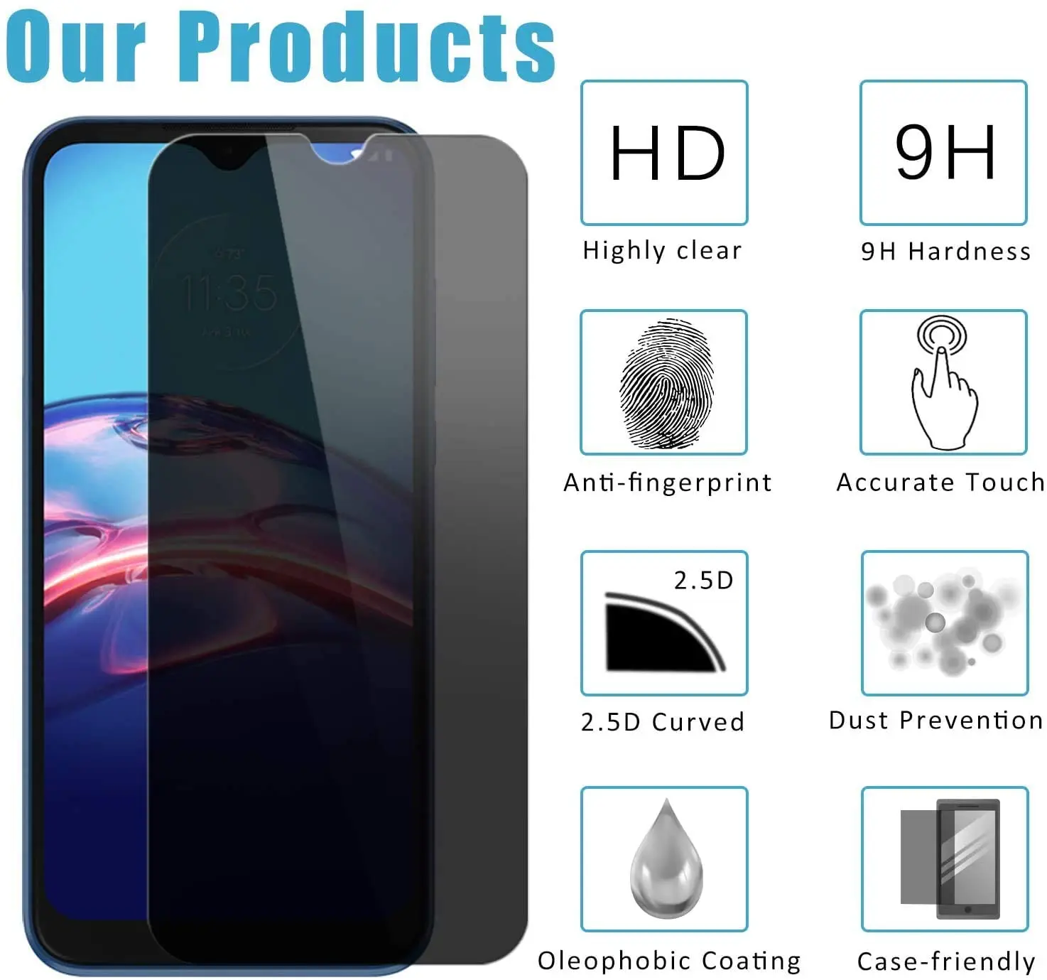 [2 Pac]Privacy Filter Tempered Glass Film AntiSpy Shield Screen Protector for Motorola Moto G9 Play/ G9 Power/E7 Plus image 3