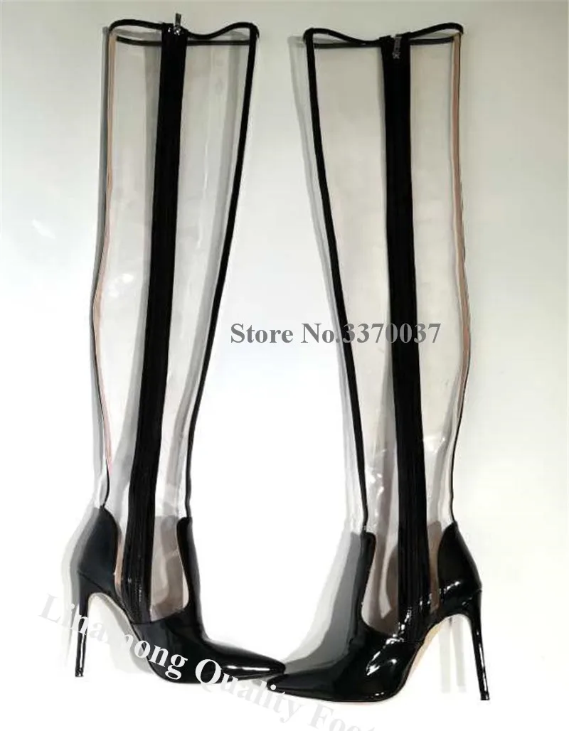 Linamong Sexy Poointed Toe Clear PVC Stiletto Heel Over Knee Gladiator Boots White Black Match Transparent Long High Heel Boots