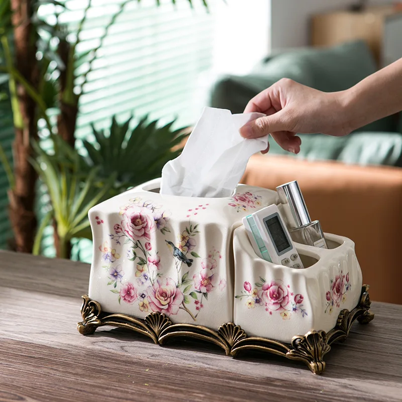 

American country flower and bird ceramic tissue box storage box bathroom living room tea table household creative suction box